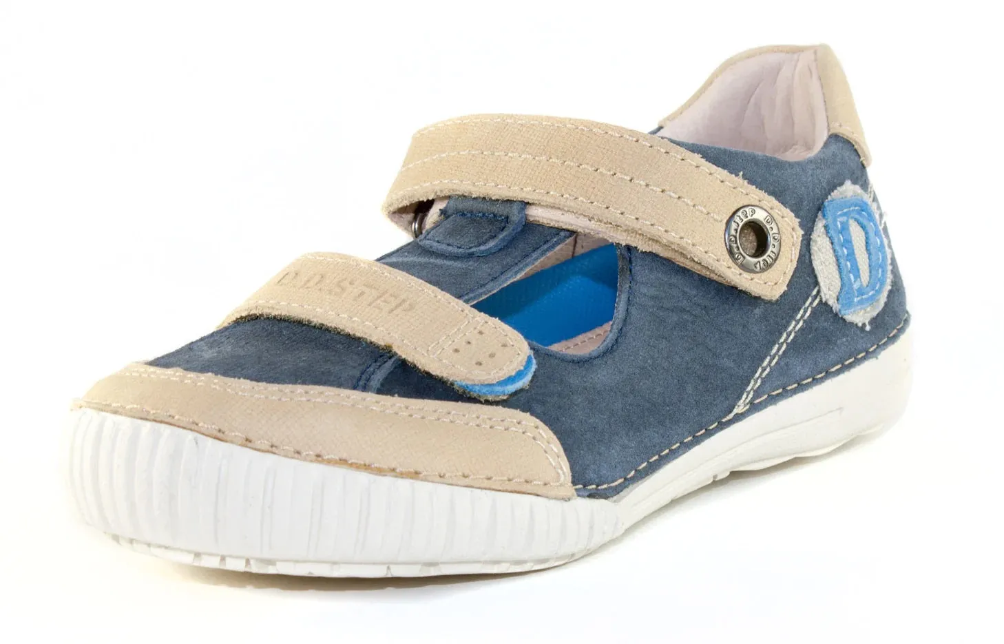 D.D. Step Little Kid Boy Double Strap Sandals/Open Shoes Blue And Beige With Letter "D" - Supportive Leather From Europe Kids Orthopedic