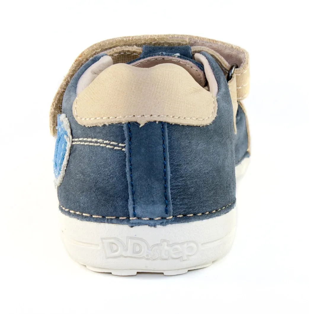 D.D. Step Little Kid Boy Double Strap Sandals/Open Shoes Blue And Beige With Letter "D" - Supportive Leather From Europe Kids Orthopedic