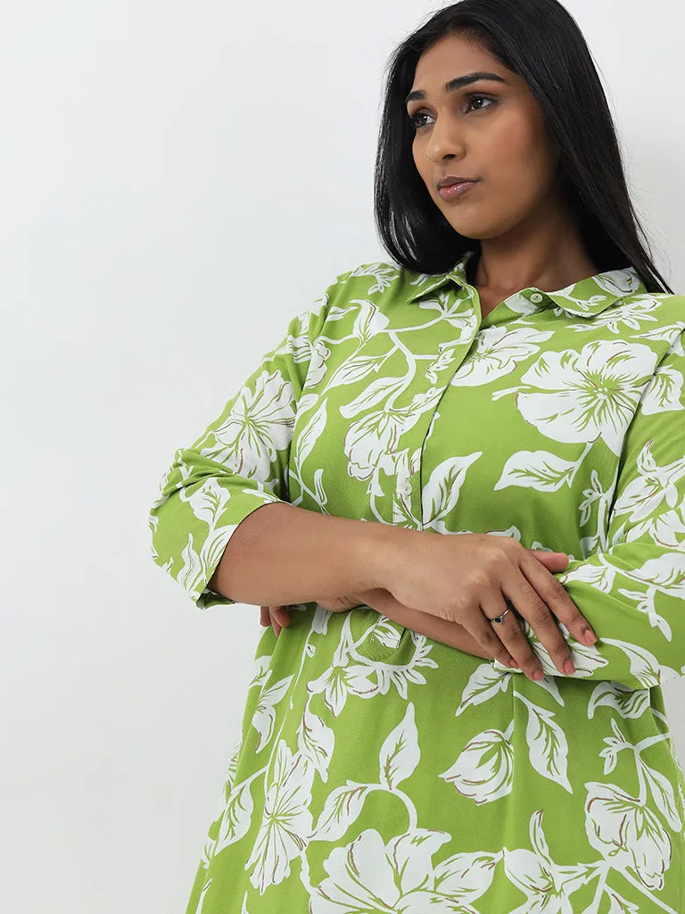 Diza Green Floral Patterned A-Line Cotton Kurta