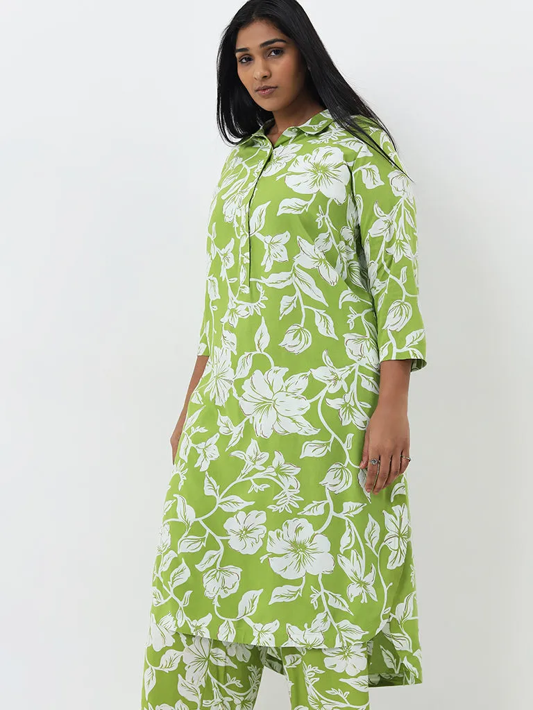 Diza Green Floral Patterned A-Line Cotton Kurta