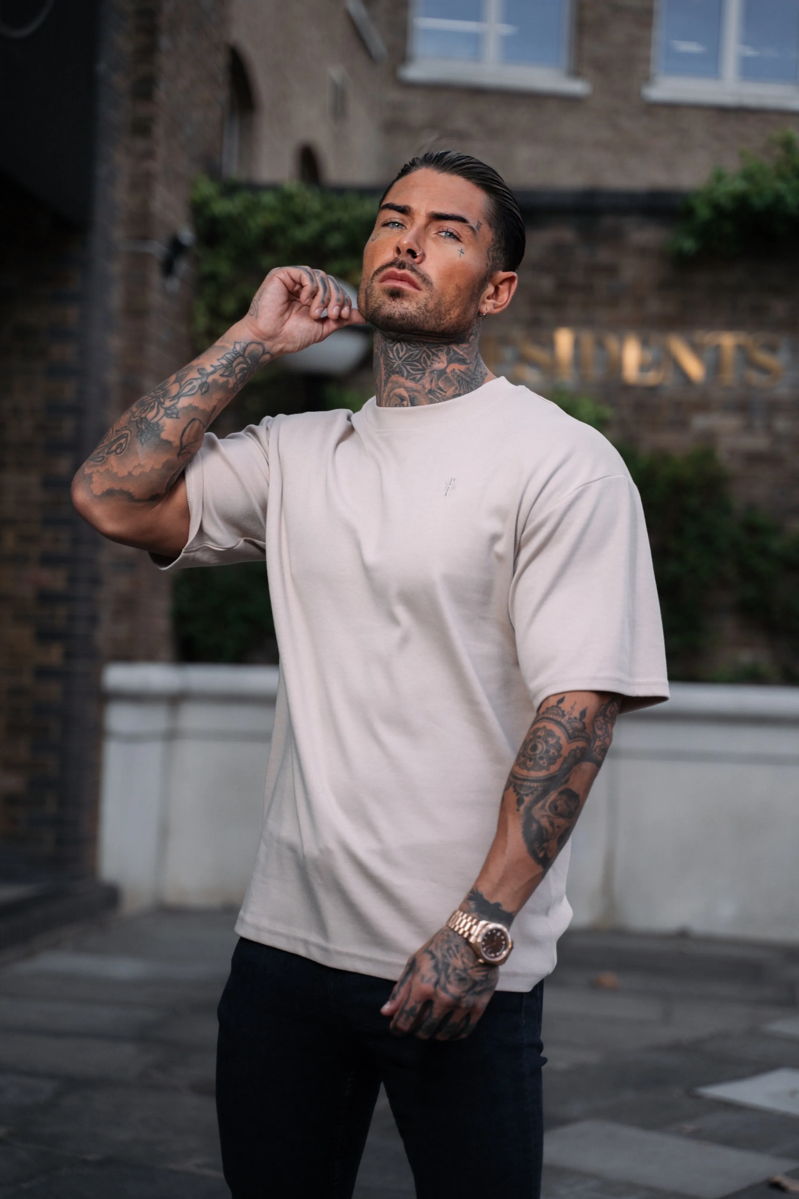 Father Sons Classic Beige Oversized Crew T Shirt - FSH867