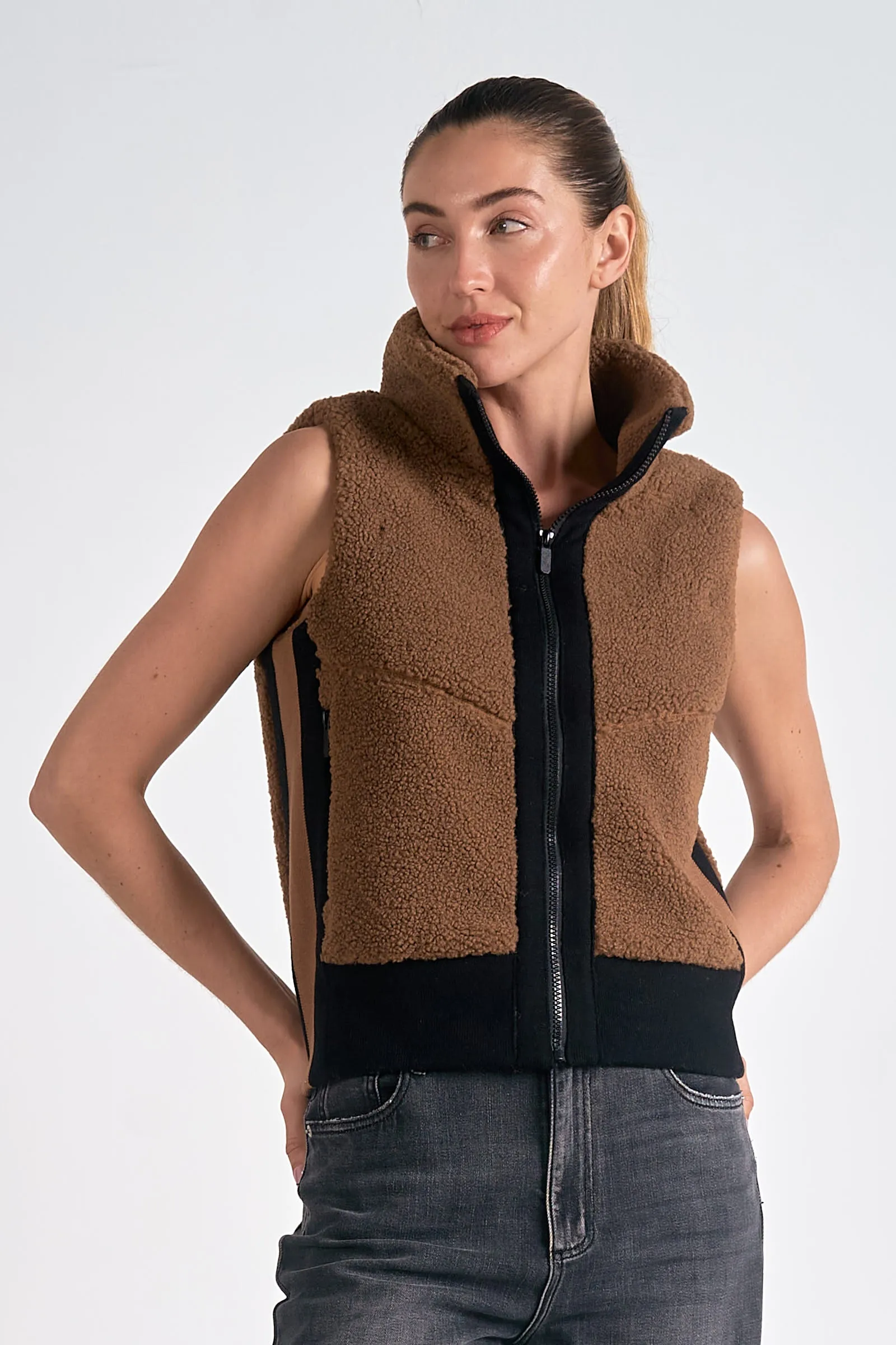 Fuzzy Fleece Panel Vest | Dark Tan