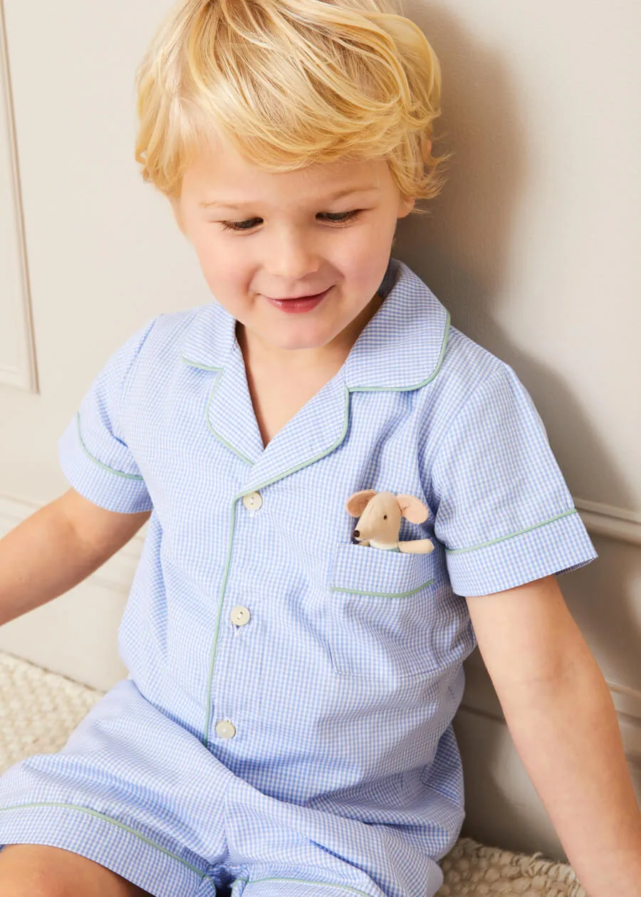 Gingham Contrast Piping Short Sleeve Pyjama Set in Blue (18mths-10yrs)