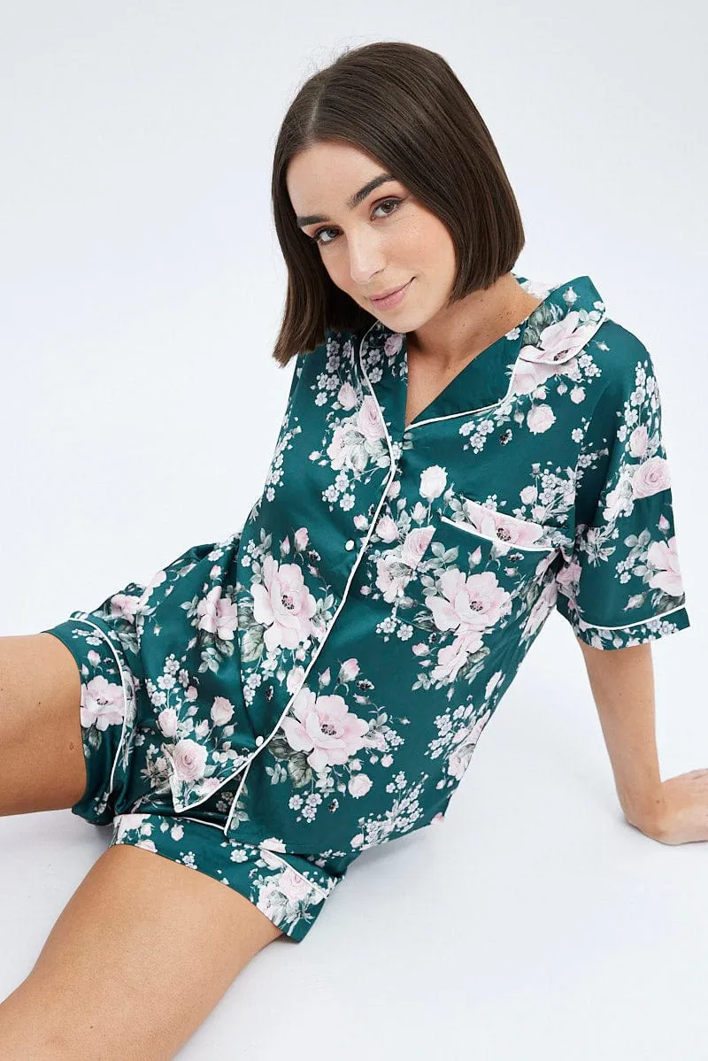 Green Floral Forest PJ Rose Floral Contrast Piping Pyjama Set