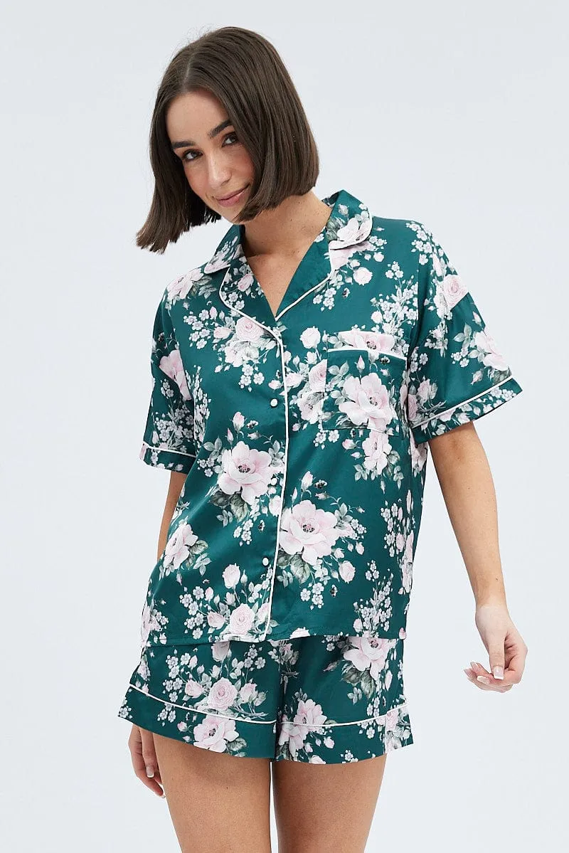 Green Floral Forest PJ Rose Floral Contrast Piping Pyjama Set