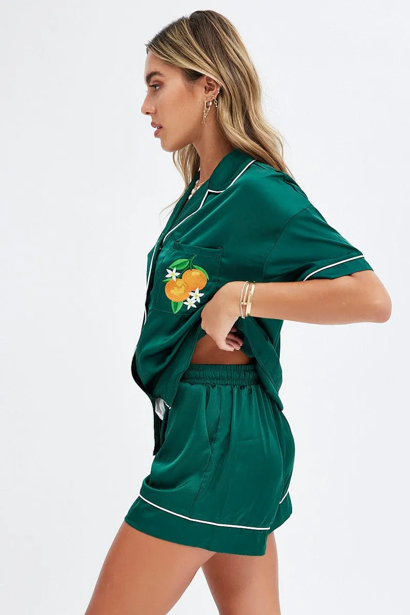 Green Satin Pj Contrast Piping Button Through Pyjama Set