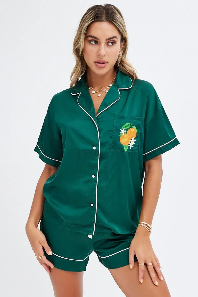 Green Satin Pj Contrast Piping Button Through Pyjama Set