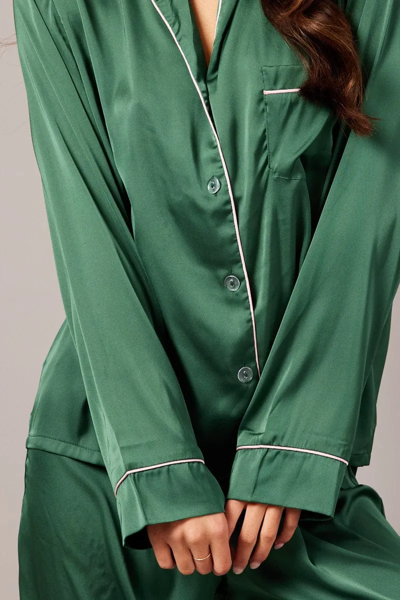 Green Satin Pyjama Contrast Piping Long Leg Pj Set