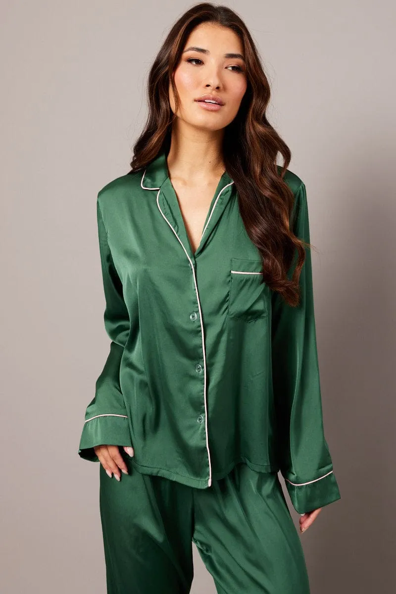 Green Satin Pyjama Contrast Piping Long Leg Pj Set