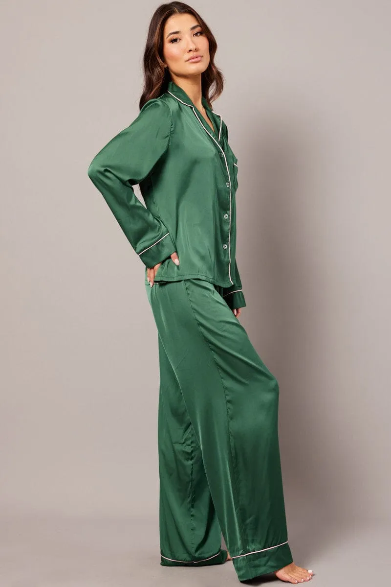 Green Satin Pyjama Contrast Piping Long Leg Pj Set