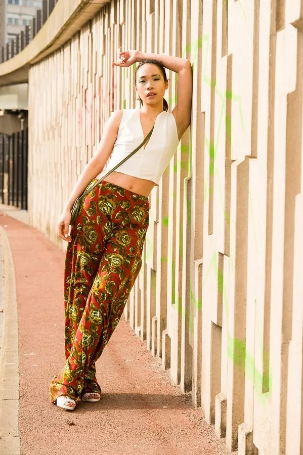 Green Terracotta Jersey Floral Wide Leg Trousers