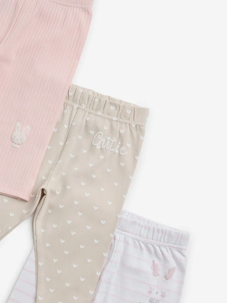 HOP Baby Pink Cotton Blend Pants - Pack of 3