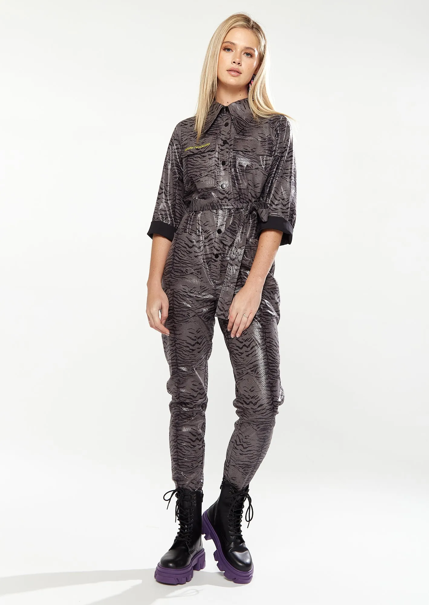 House of Holland Jumpsuit in Grey Wet Look Zebra Stripe