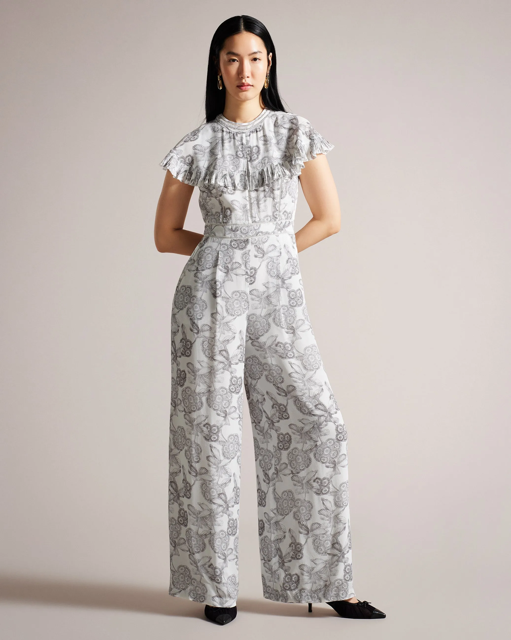 Marlih Cape Jumpsuit With Ladder Lace Details White