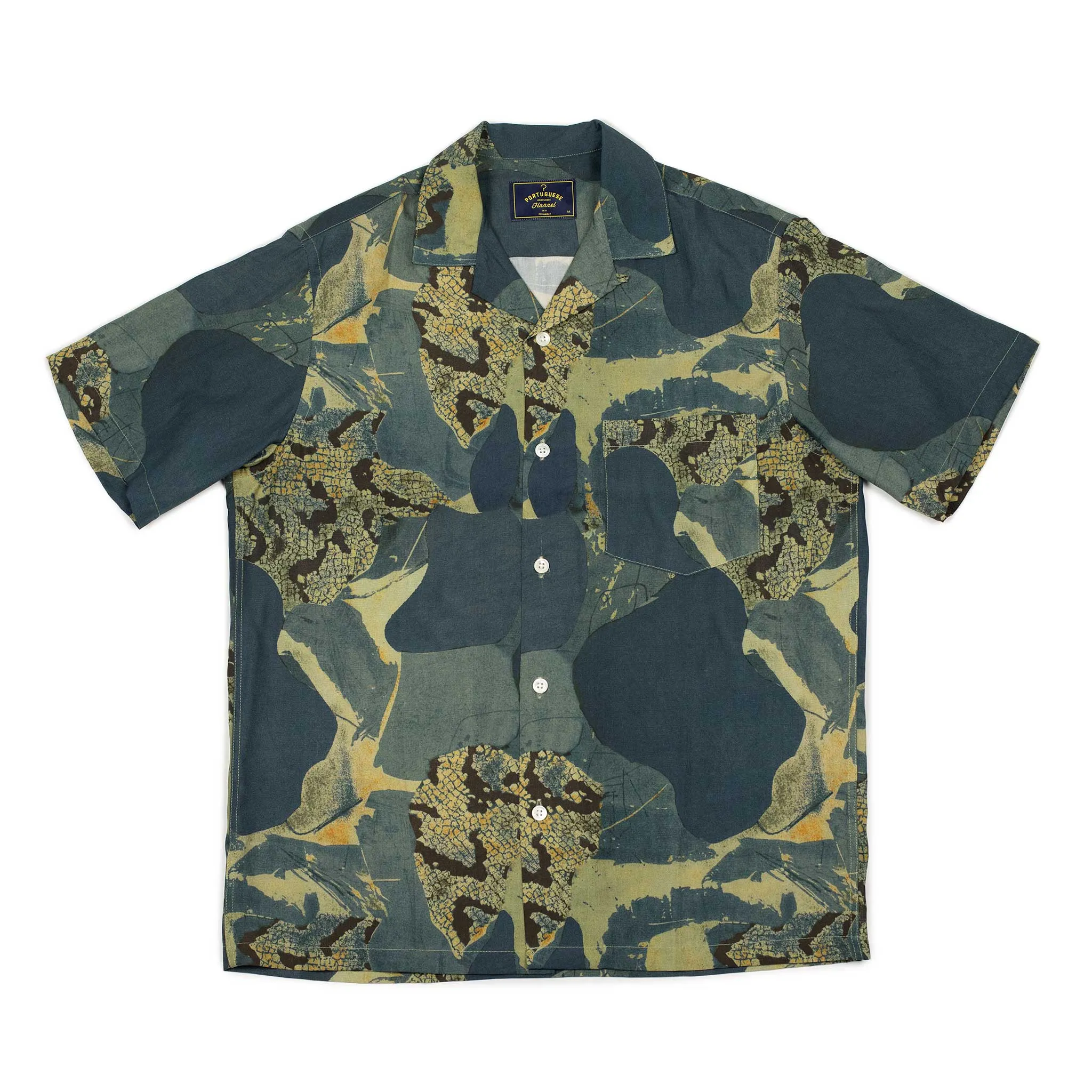 Mastic camp collar shirt in blue and beige abstract print tencel