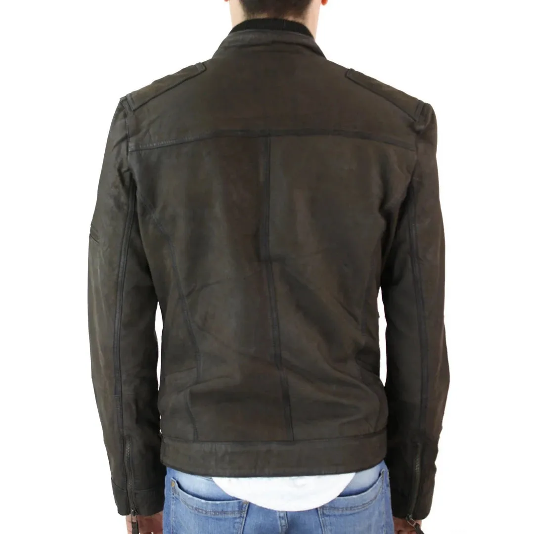 Men's Biker Motorcycle Distressed Brown Zip Short Leather Jacket Suede