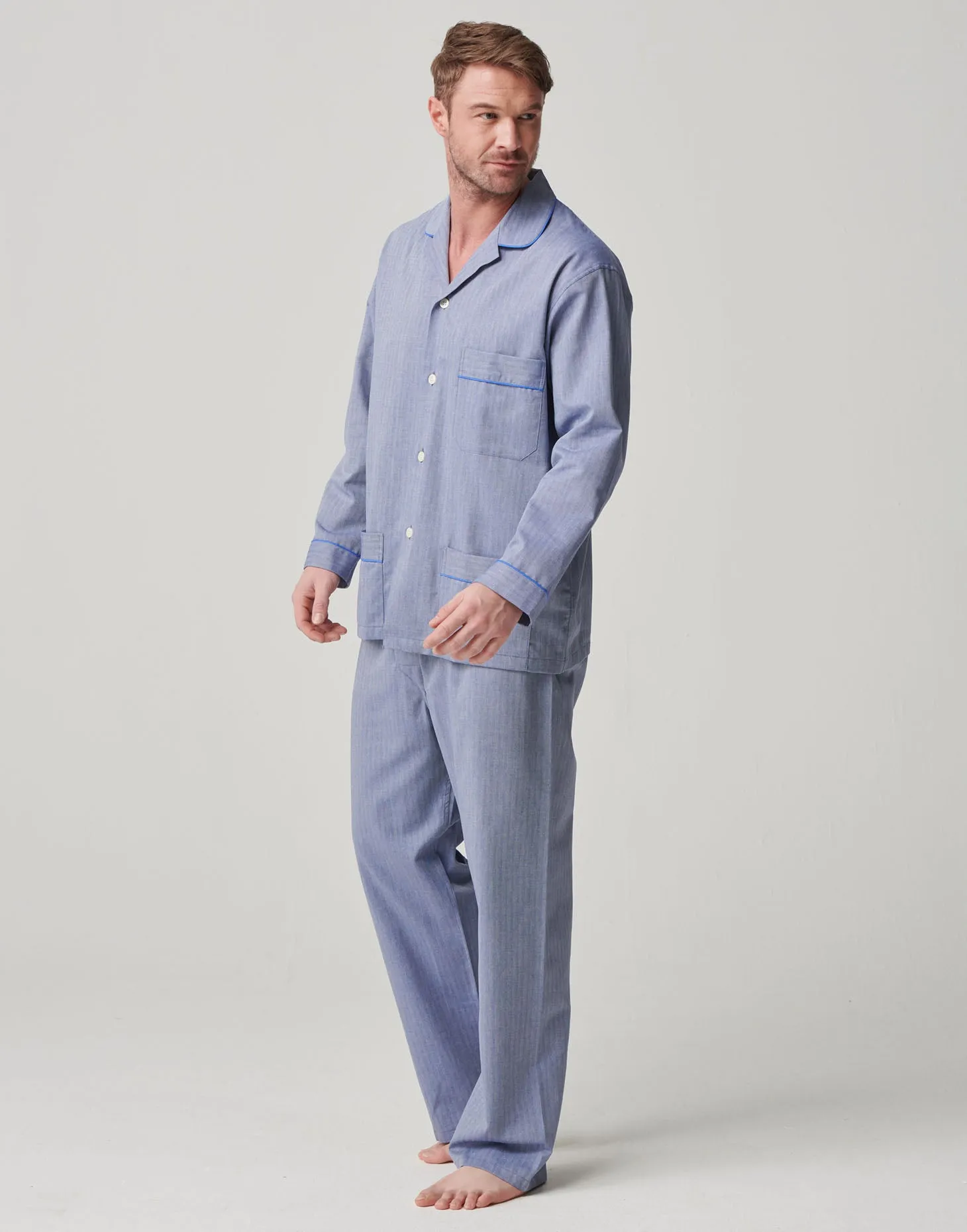 Men's Cotton Twill Pyjama Set – Garrison Blue Herringbone