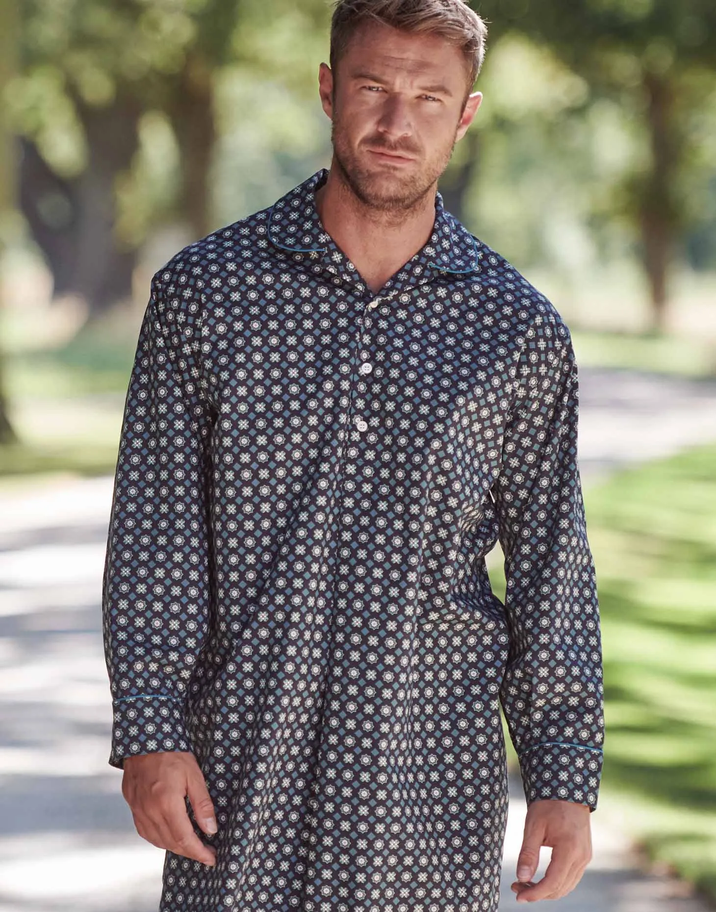 Men's Crisp Cotton Nightshirt – Geometric Sea