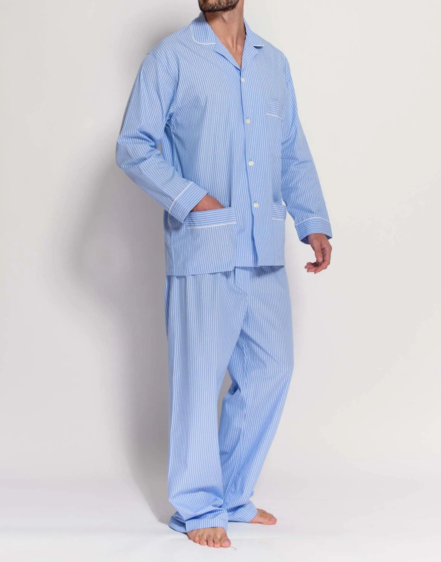 Men's Crisp Cotton Pyjama Set – Sky Blue & White Stripe