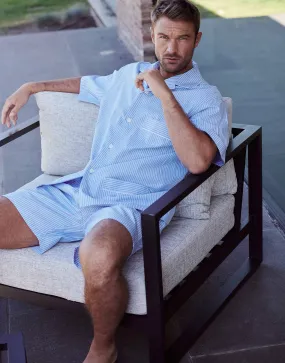 Men's Crisp Cotton Short Pyjama Set – Sky Blue & White Stripe