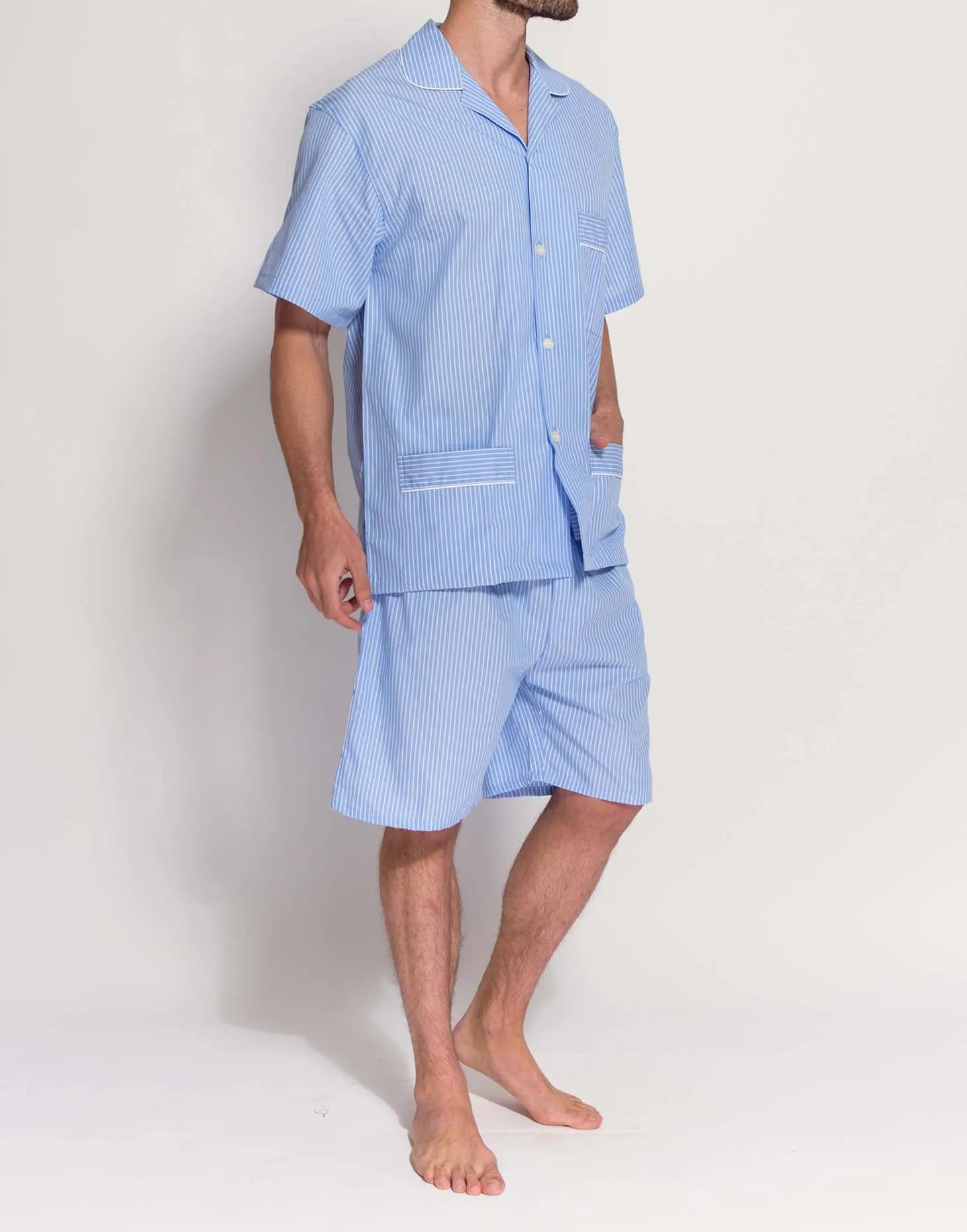 Men's Crisp Cotton Short Pyjama Set – Sky Blue & White Stripe