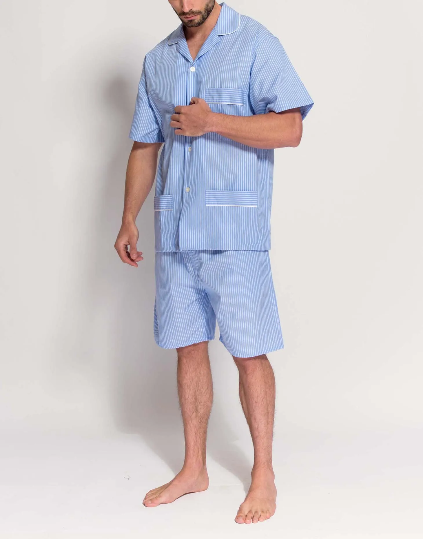 Men's Crisp Cotton Short Pyjama Set – Sky Blue & White Stripe