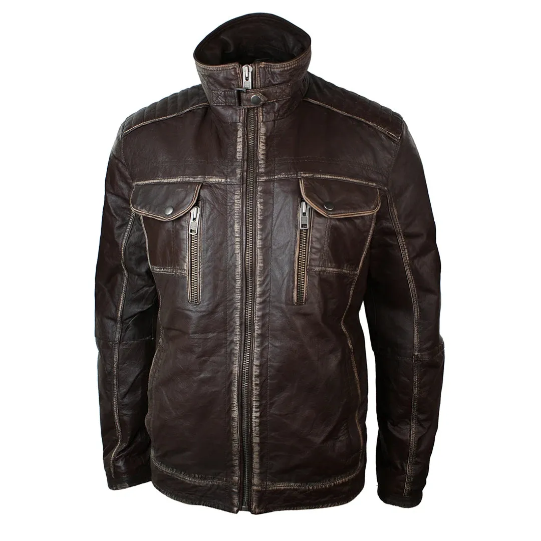 Men's Distressed Jacket Washed Leather Brown Black Rub Off