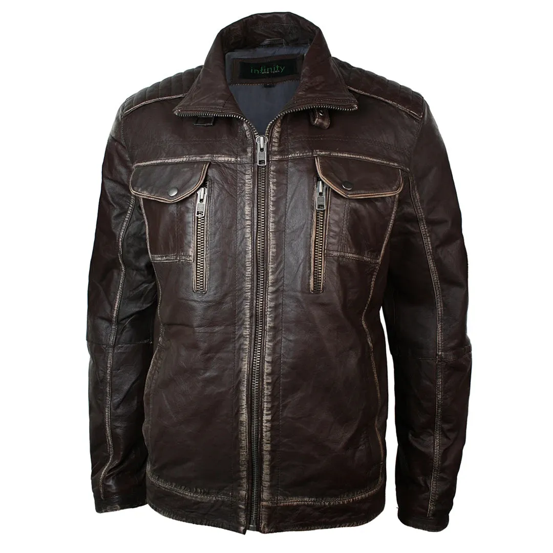 Men's Distressed Jacket Washed Leather Brown Black Rub Off