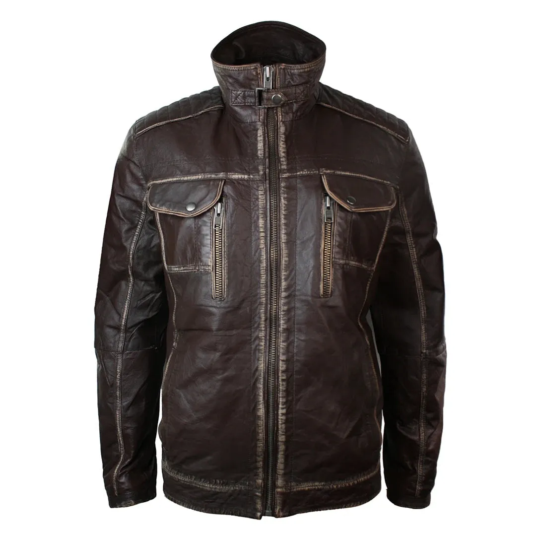 Men's Distressed Jacket Washed Leather Brown Black Rub Off