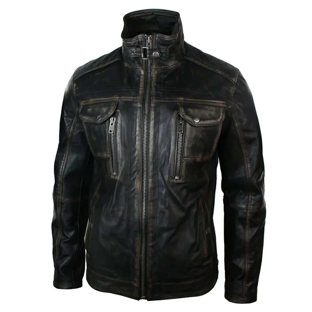 Men's Distressed Jacket Washed Leather Brown Black Rub Off