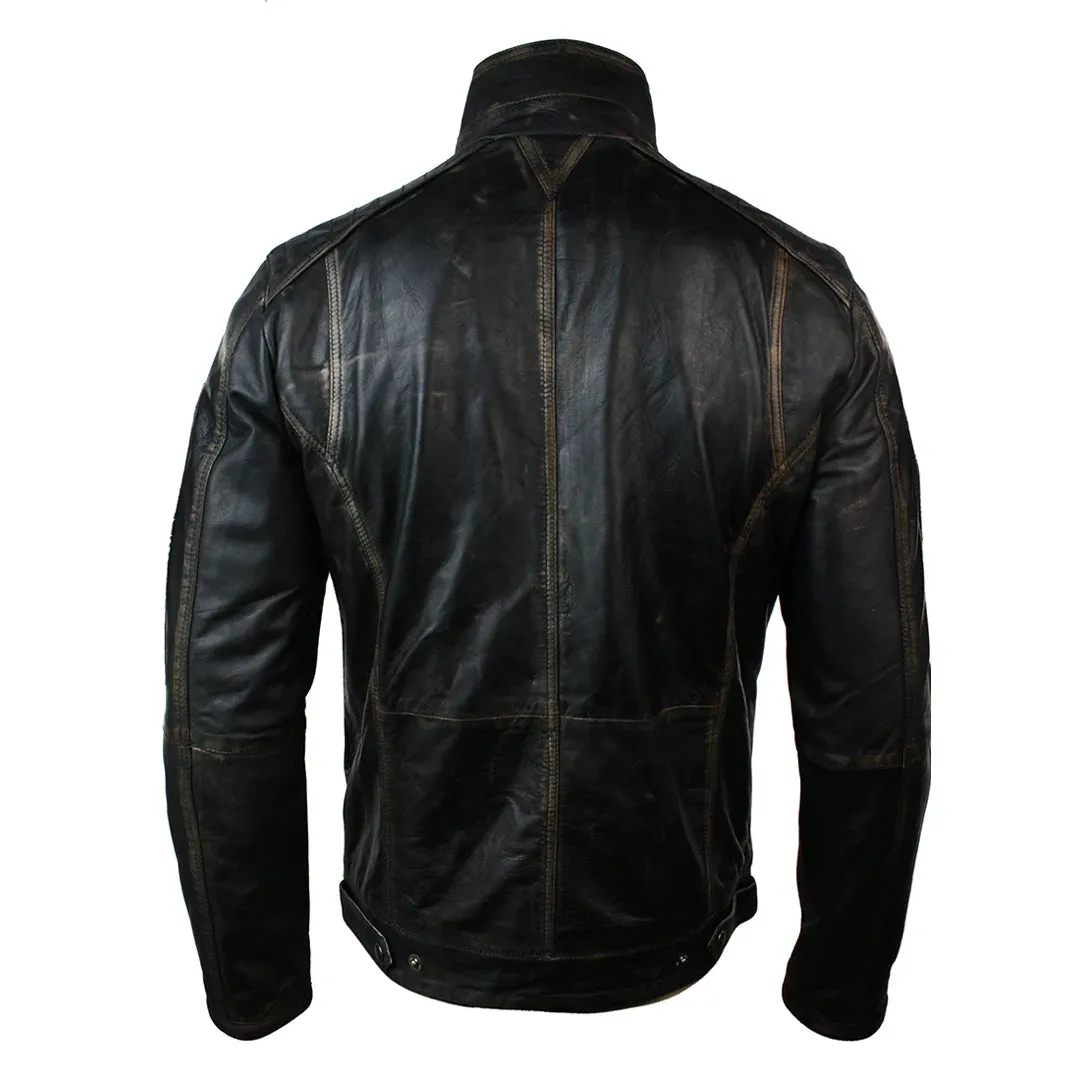 Men's Distressed Jacket Washed Leather Brown Black Rub Off