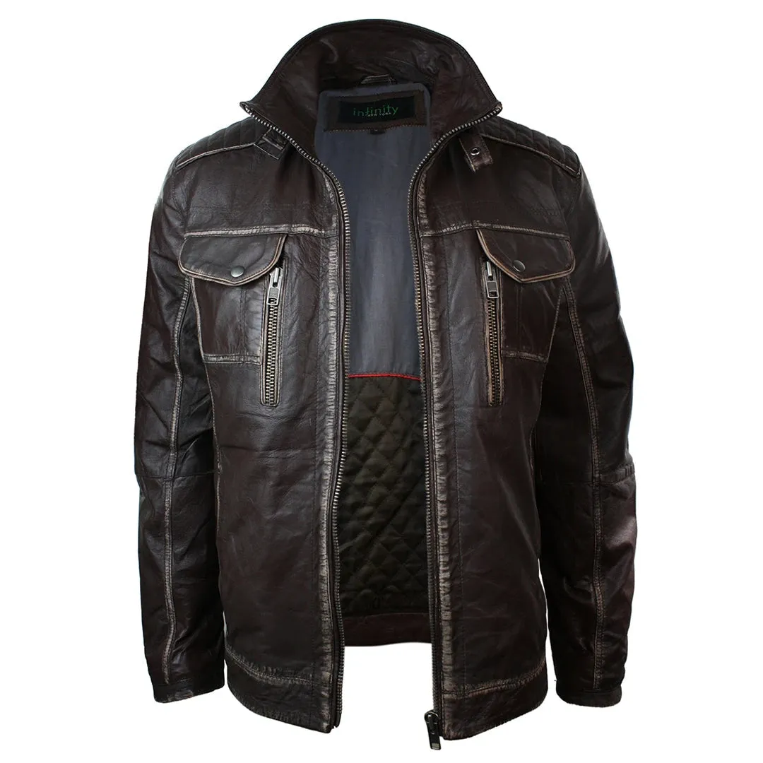 Men's Distressed Jacket Washed Leather Brown Black Rub Off