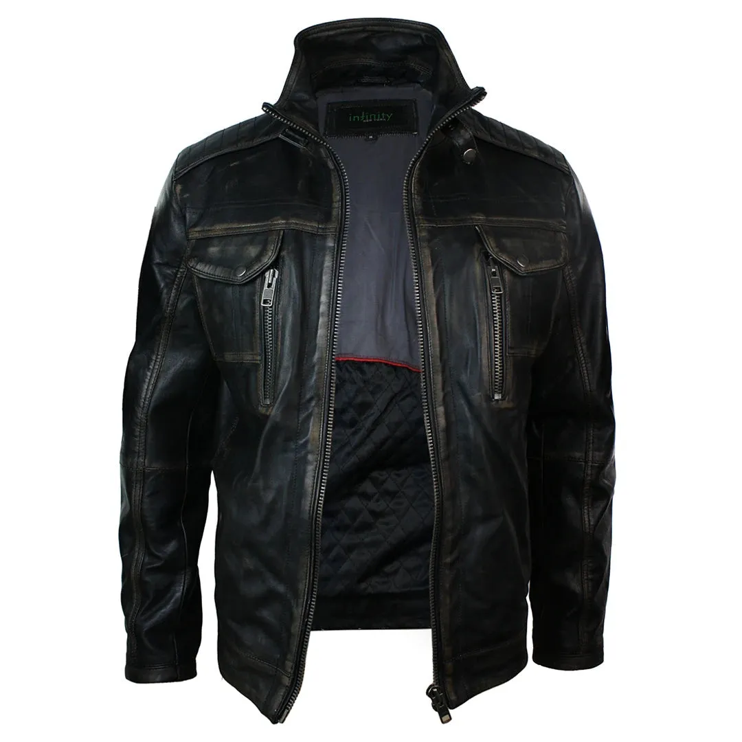 Men's Distressed Jacket Washed Leather Brown Black Rub Off