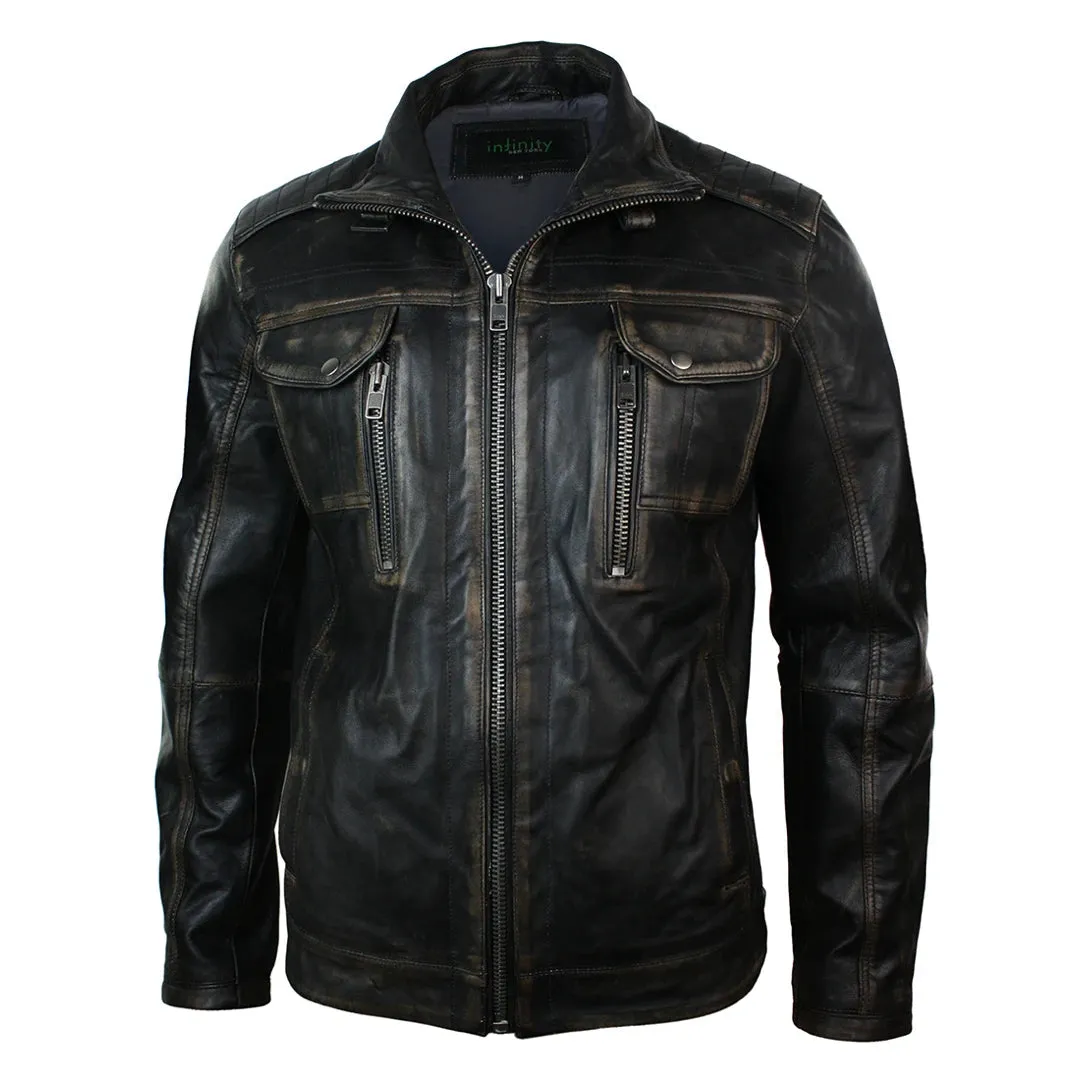 Men's Distressed Jacket Washed Leather Brown Black Rub Off