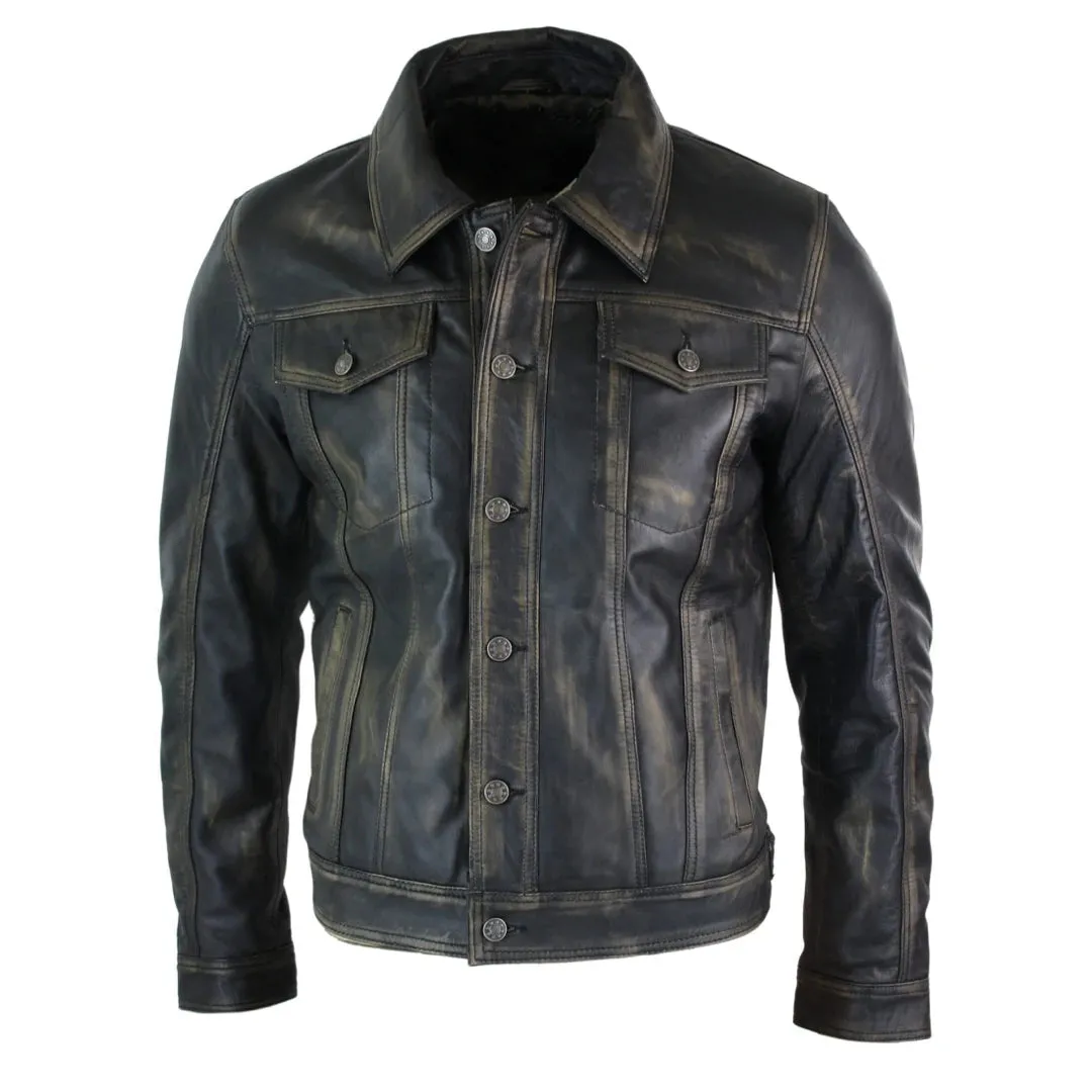 Men's Jeans Jacket Leather Short Washed Biker