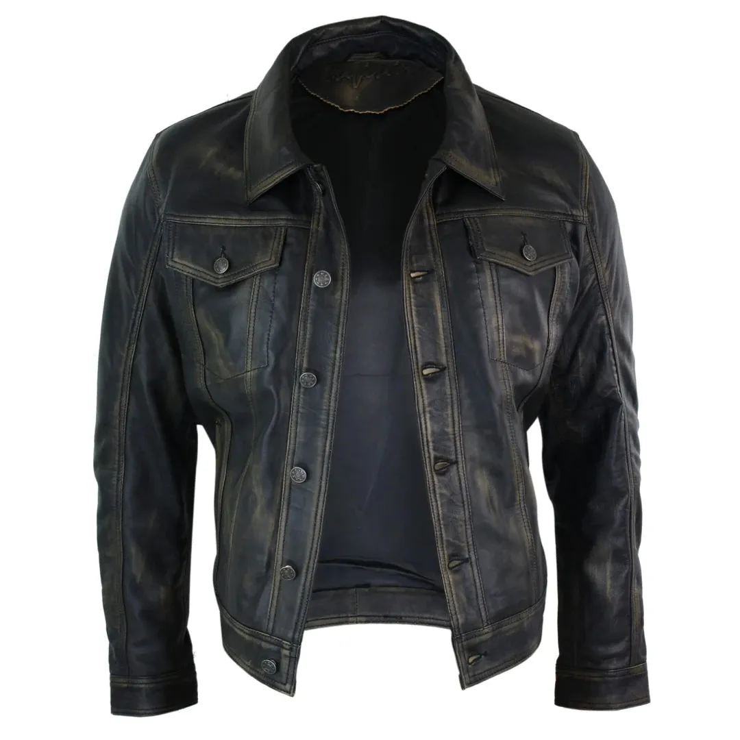 Men's Jeans Jacket Leather Short Washed Biker