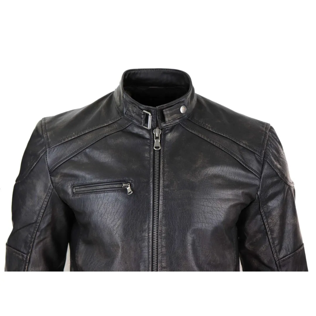 Men's Leather Zipped Biker Jacket Washed Black Brown Distressed