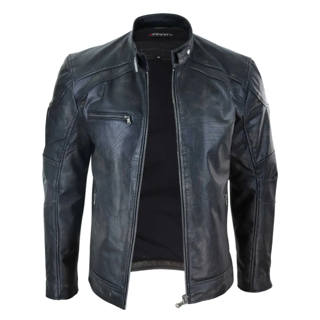 Men's Leather Zipped Biker Jacket Washed Black Brown Distressed