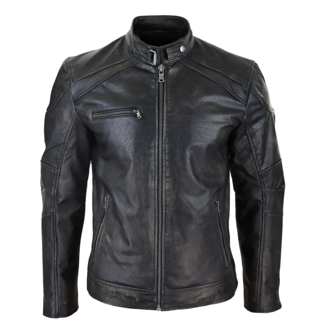 Men's Leather Zipped Biker Jacket Washed Black Brown Distressed