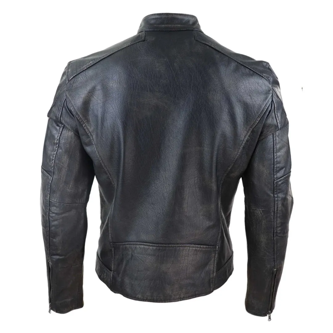 Men's Leather Zipped Biker Jacket Washed Black Brown Distressed