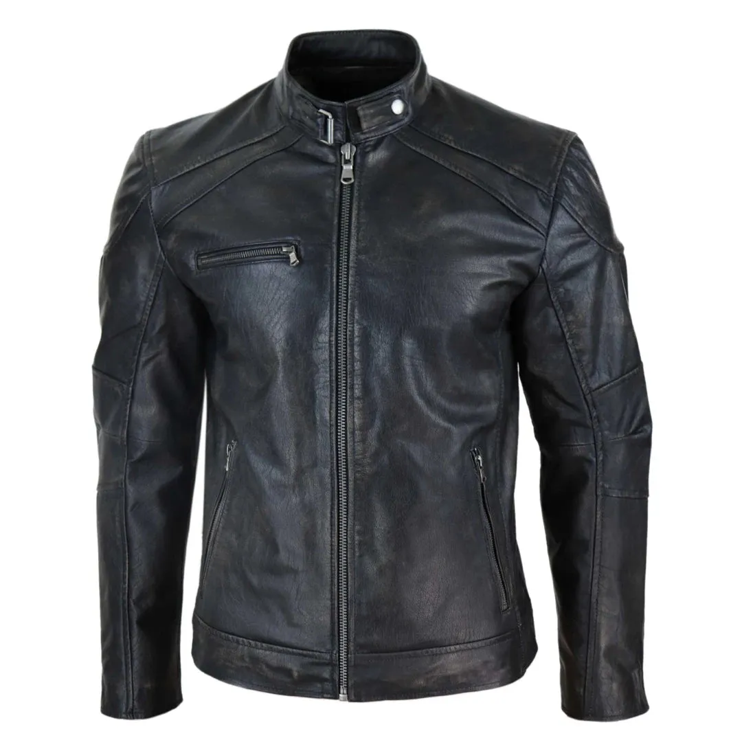 Men's Leather Zipped Biker Jacket Washed Black Brown Distressed