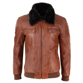 Men's Washed Rust Tan Brown Removable Fur Collar Pilot Leather Jacket