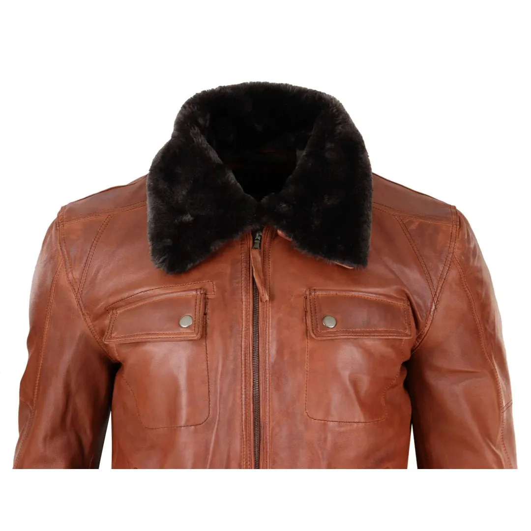 Men's Washed Rust Tan Brown Removable Fur Collar Pilot Leather Jacket