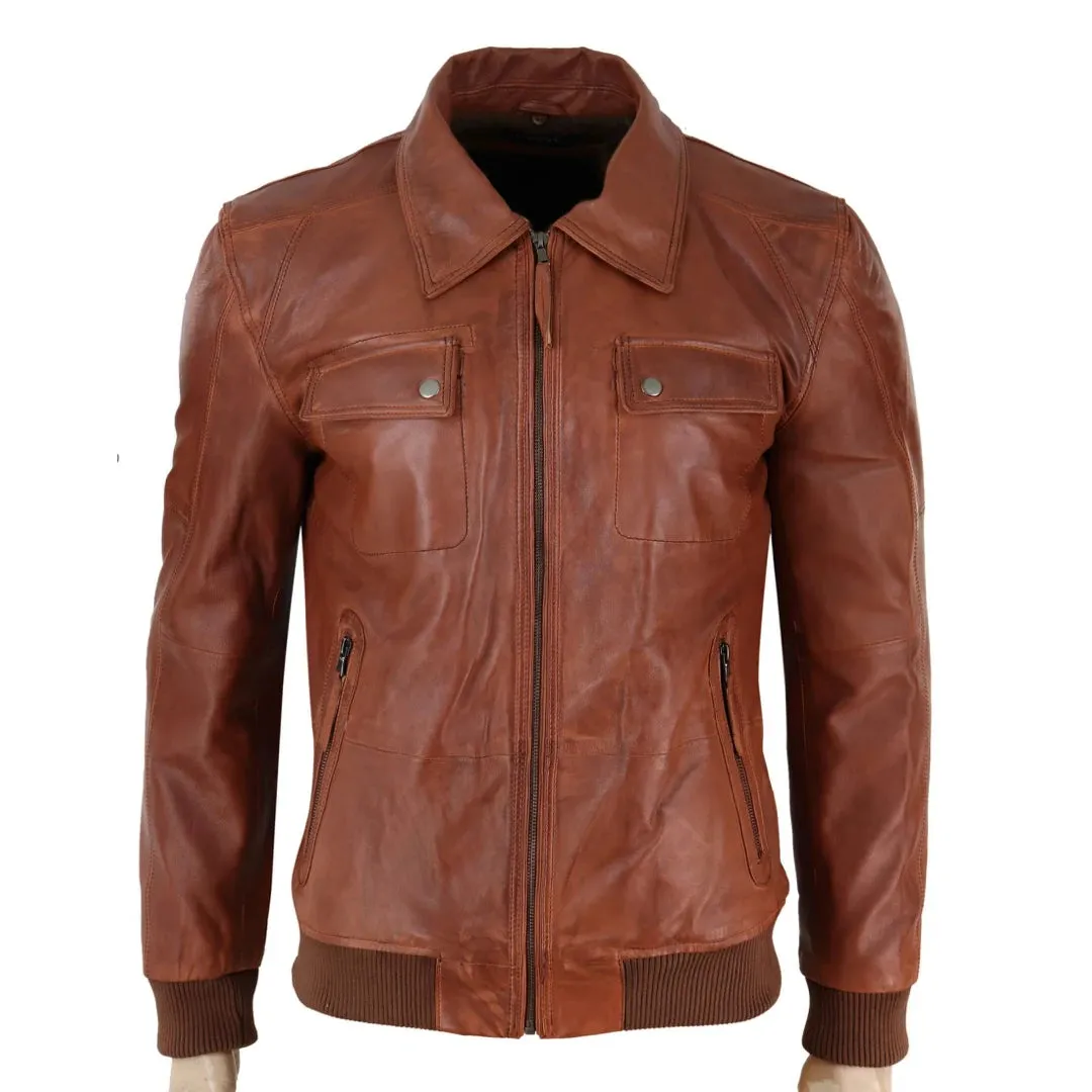 Men's Washed Rust Tan Brown Removable Fur Collar Pilot Leather Jacket