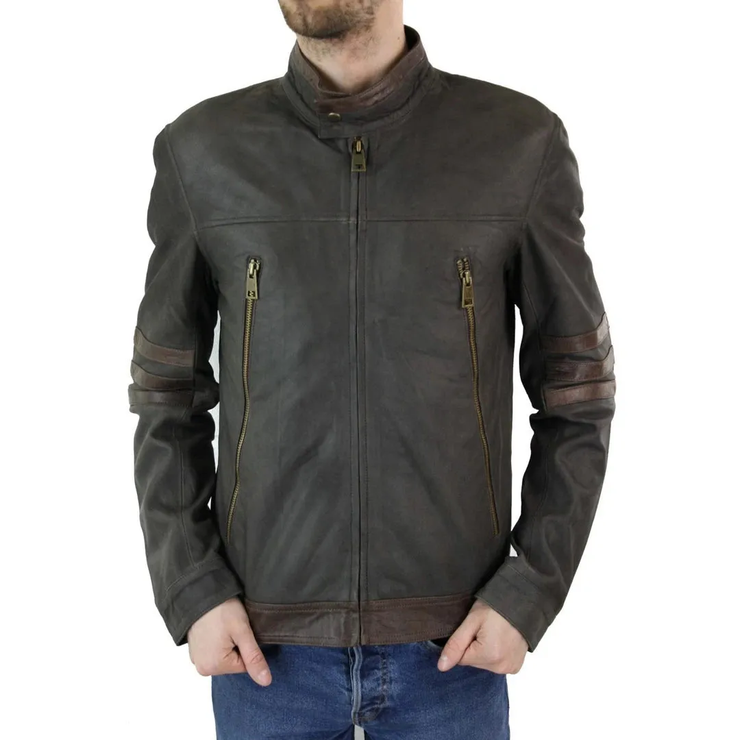 Men's X-Men Wolverine Zipped Biker Racing Jacket Black Brown Leather