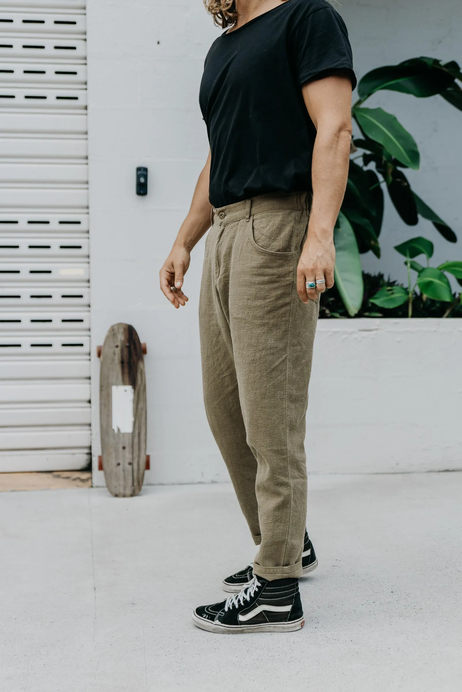 Miller - Textured Linen Pants - Khaki Green