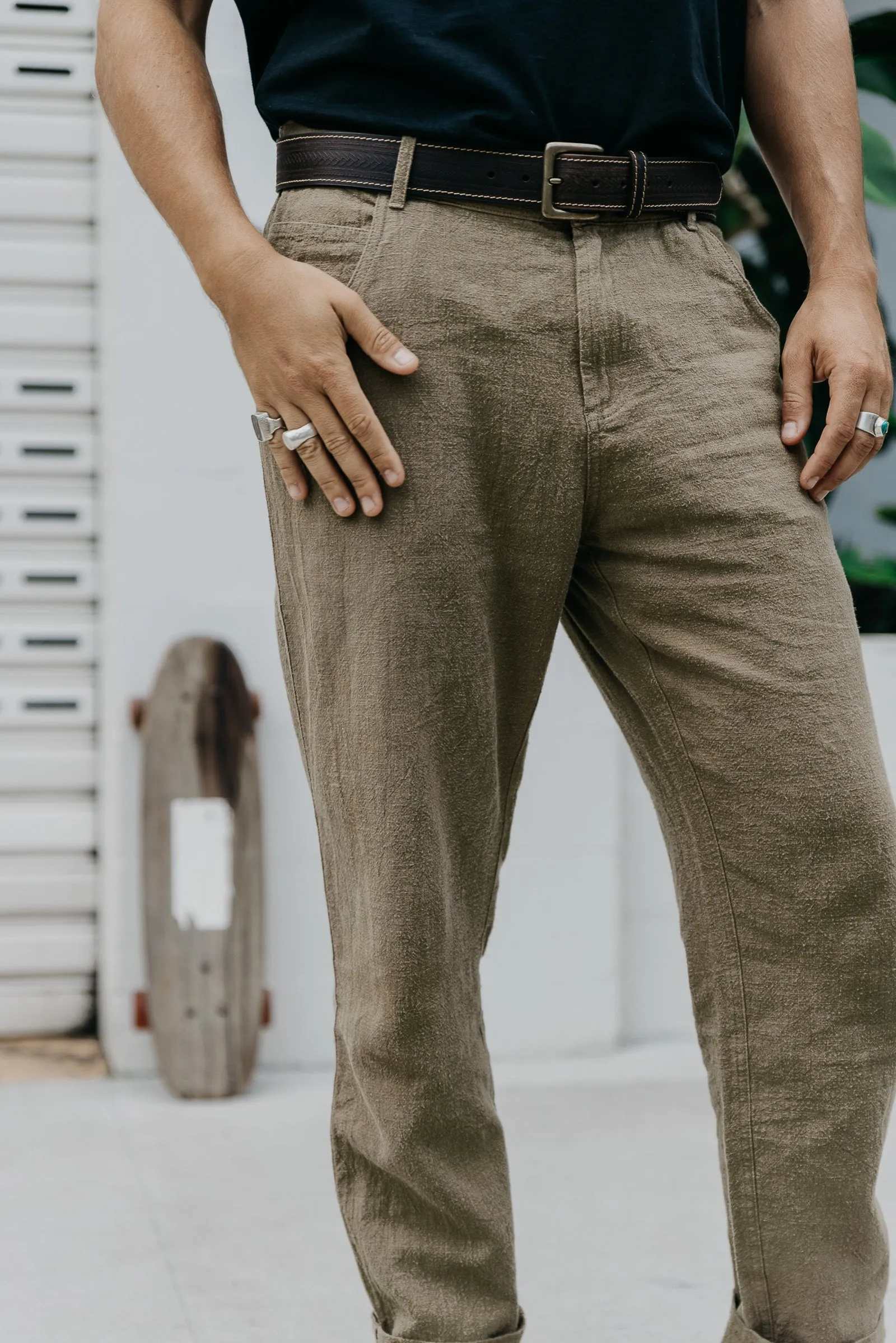 Miller - Textured Linen Pants - Khaki Green