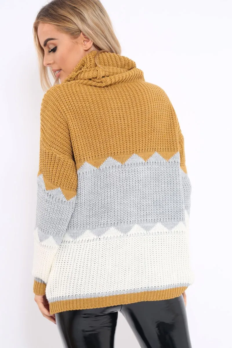 Mustard Grey and Cream ZigZag Patterned Roll Neck Jumper - Nataley