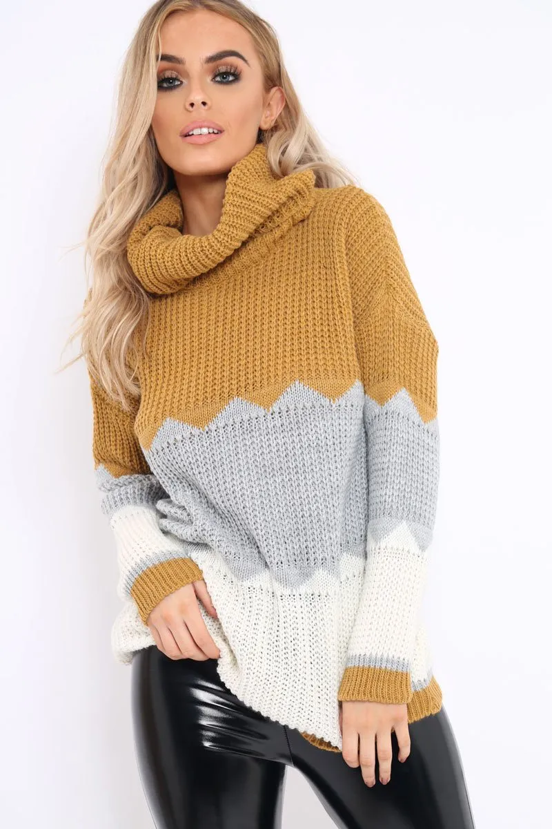 Mustard Grey and Cream ZigZag Patterned Roll Neck Jumper - Nataley