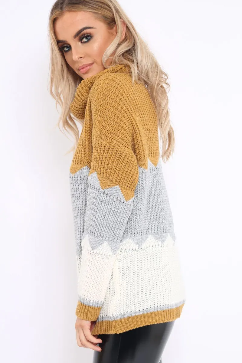 Mustard Grey and Cream ZigZag Patterned Roll Neck Jumper - Nataley